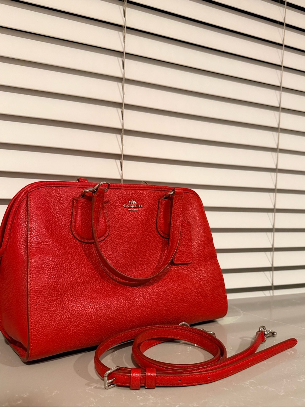Coach Red Pebbled Leather Satchel with Detachable Strap